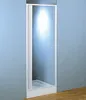 A shower enclosure with a frosted glass door and a white frame, set against a light blue wall and a wooden floor. Náhled obrázku produktu