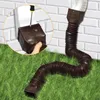 A brown flexible downspout extension is shown attached to a white downspout, curving down into green grass. A close-up inset shows a hand holding the downspout adapter while a screwdriver is used to attach it. Náhled obrázku produktu