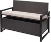A poly-rattan storage bench with a beige cushion. Voir les images du produit
