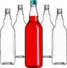Five glass bottles are arranged on a white background. One bottle in the center is filled with red liquid and has a green cap. The other four bottles are empty and clear. Náhled obrázku produktu