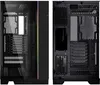 Two views of a black computer case, one showing the interior with tempered glass and the other showing the exterior back panel. Voir les images du produit