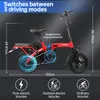 A red electric bicycle is shown with various measurements and feature callouts. Produktbild-Vorschau