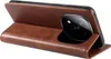 A brown leather flip case for a smartphone is shown from a side angle, with the phone partially inserted. Produktbild-Vorschau
