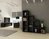 A modern living room with a black shelving unit, a TV stand, and a TV. Produktbild-Vorschau