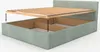 A bed frame with its slatted base lifted to reveal storage space underneath. Arrows indicate the direction of lowering the base. Produktbild-Vorschau