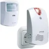 Two white electronic security devices are shown against a white background. One is a motion sensor, and the other is a plug-in alarm with a red light. Produktbild-Vorschau
