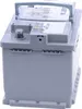 A gray car battery with a silver handle and silver terminals. Produktbild-Vorschau