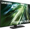 A Samsung Neo QLED smart TV is displayed on its stand, with a promotional graphic on the screen. Produktbild-Vorschau