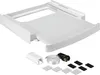 A white stacking kit for a washing machine and dryer, shown with its accessories. Náhled obrázku produktu