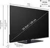 A diagram showing the dimensions of a television, including height with and without stand, depth with and without stand, and width. It also indicates the VESA mount size. Produktbild-Vorschau