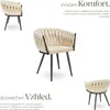 Collage of a beige upholstered armchair with a braided design and black metal legs, presented with descriptive text in Czech. Náhled obrázku produktu