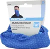 A product package for a blue multifunctional scarf, showing a model wearing it and listing its features. Produktbild-Vorschau