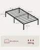 A diagram of a black metal bed frame with dimensions and supporting information shown below. Náhled obrázku produktu
