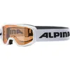 A pair of white ski goggles with an orange lens and a black and white strap with the brand name "ALPINA" printed on it. Produktbild-Vorschau
