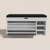 A white shoe cabinet with a black seat on top, shown from the front. Produktbild-Vorschau