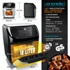 A marketing image showcasing an air fryer with various features and specifications. Produktbild-Vorschau