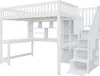 A white loft bed with a desk and storage stairs against a white background. Produktbild-Vorschau