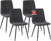 Four dark gray upholstered dining chairs with black metal legs are arranged in a row against a white background. One chair has a red and white tag attached to its back. Náhled obrázku produktu