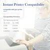 A woman is looking at a tablet while standing near a printer. The image has text overlays about printer compatibility. Produktbild-Vorschau