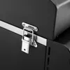 A close-up shot of a black grill with a silver latch and hinge. Produktbild-Vorschau
