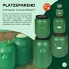 Several green plastic barrels of different sizes are stacked and arranged, with some containing food items like shredded cabbage and green beans. The background features wooden planks and a light green textured area with text. Produktbild-Vorschau