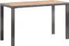 A rectangular table with a wooden top and a woven rattan-like base and legs, shown against a white background. Produktbild-Vorschau