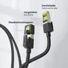 Close-up of two Ethernet cable connectors, highlighting their features with German text labels. Produktbild-Vorschau
