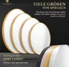 A display of round mirrors in various sizes and frame colors, with text promoting size and color options. Produktbild-Vorschau