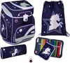 A collage of a 5-piece school set featuring a backpack, drawstring bag, pencil case, and pencil case with pencils. Produktbild-Vorschau
