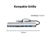 A product shot of a USB-C hub with measurement indicators and feature text. Produktbild-Vorschau