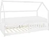 A white house-shaped bed frame with a mattress and wooden slats, shown from a side angle on a white background. Podgląd zdjęcia produktu