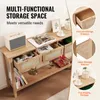 A marketing image showcasing a wooden console table with rattan accents, highlighting its storage features. Produktbild-Vorschau