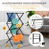 A black foldable drying rack with clothes hanging on it, shown in a bathroom or laundry room setting. There are also inset diagrams showing dimensions and a folded view. Voir les images du produit