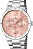 A close-up studio shot of a women's wristwatch with a pink dial and silver metal band. Produktbild-Vorschau