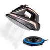 A cordless steam iron is shown hovering above its charging base, emitting steam. Produktbild-Vorschau