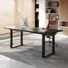 A modern office setting with a black height-adjustable desk, a brown leather office chair, and bookshelves in the background. Anteprima dell’immagine prodotto