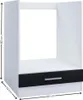 A white cabinet with a black drawer, designed to house a built-in oven. Dimensions are indicated with lines and text. Náhľad obrázku produktu