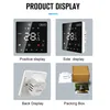A collage of four images showing different views of a smart thermostat and its packaging. Podgląd zdjęcia produktu