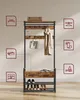 A coat rack with shoe storage, featuring illustrative icons around it. Náhled obrázku produktu