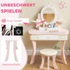 A child's pink vanity table and stool set with accessories, presented with marketing text and feature callouts. Produktbild-Vorschau