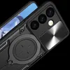 Close-up view of a black smartphone case with a circular ring stand and a sliding camera cover. Produktbild-Vorschau