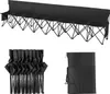 A black folding bench, shown in its extended form, folded form, and in a carrying bag. Anteprima dell’immagine prodotto