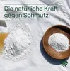 A pile of white powder is spread on a white cloth, with a small amount of brown liquid next to it. A wooden bowl filled with the same white powder is placed to the right. Text is overlaid on the top left of the image. Produktbild-Vorschau