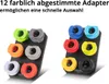 Two racks of colorful adapters for car oil funnels. Podgląd zdjęcia produktu