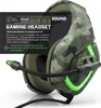 A close-up marketing image of a camouflage gaming headset with green accents. Produktbild-Vorschau
