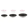 Three different sized pans are displayed side-by-side with their dimensions listed above them. Produktbild-Vorschau