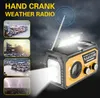 A hand-crank weather radio is shown with multiple images depicting emergency scenarios like snowstorms, destroyed buildings, floods, and lightning. Náhled obrázku produktu