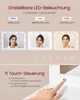 A marketing image showcasing the adjustable LED lighting and touch control features of a vanity mirror. Produktbild-Vorschau