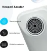 Close-up of a white faucet aerator with marketing text and icons. Produktbild-Vorschau