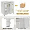 A collage of images showing a white bathroom vanity cabinet, a shipping box, and close-ups of the cabinet's feet and finish. Produktbild-Vorschau